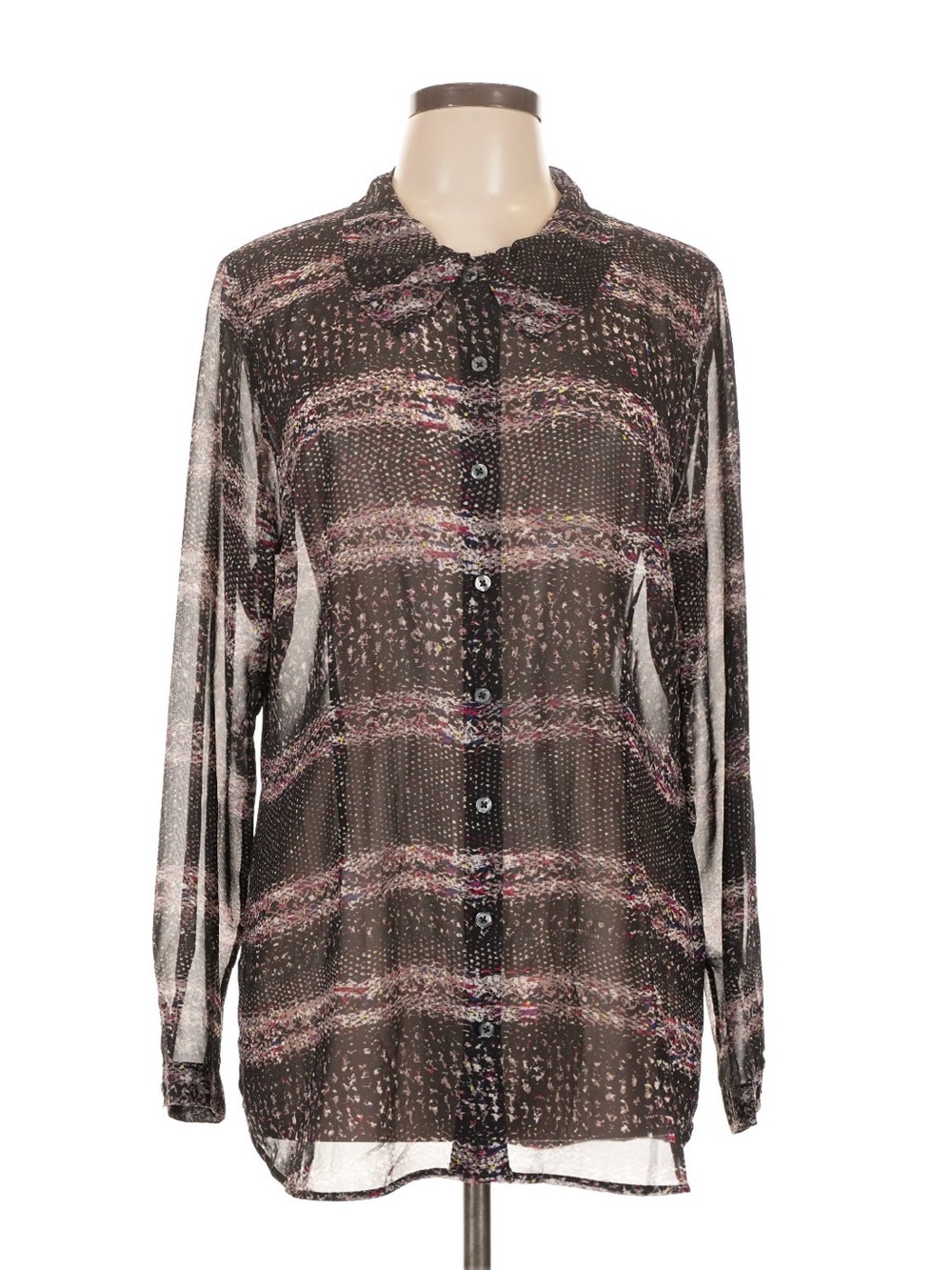 CAbi Sheer Black Button-Front Blouse with Pink & Cream Accents